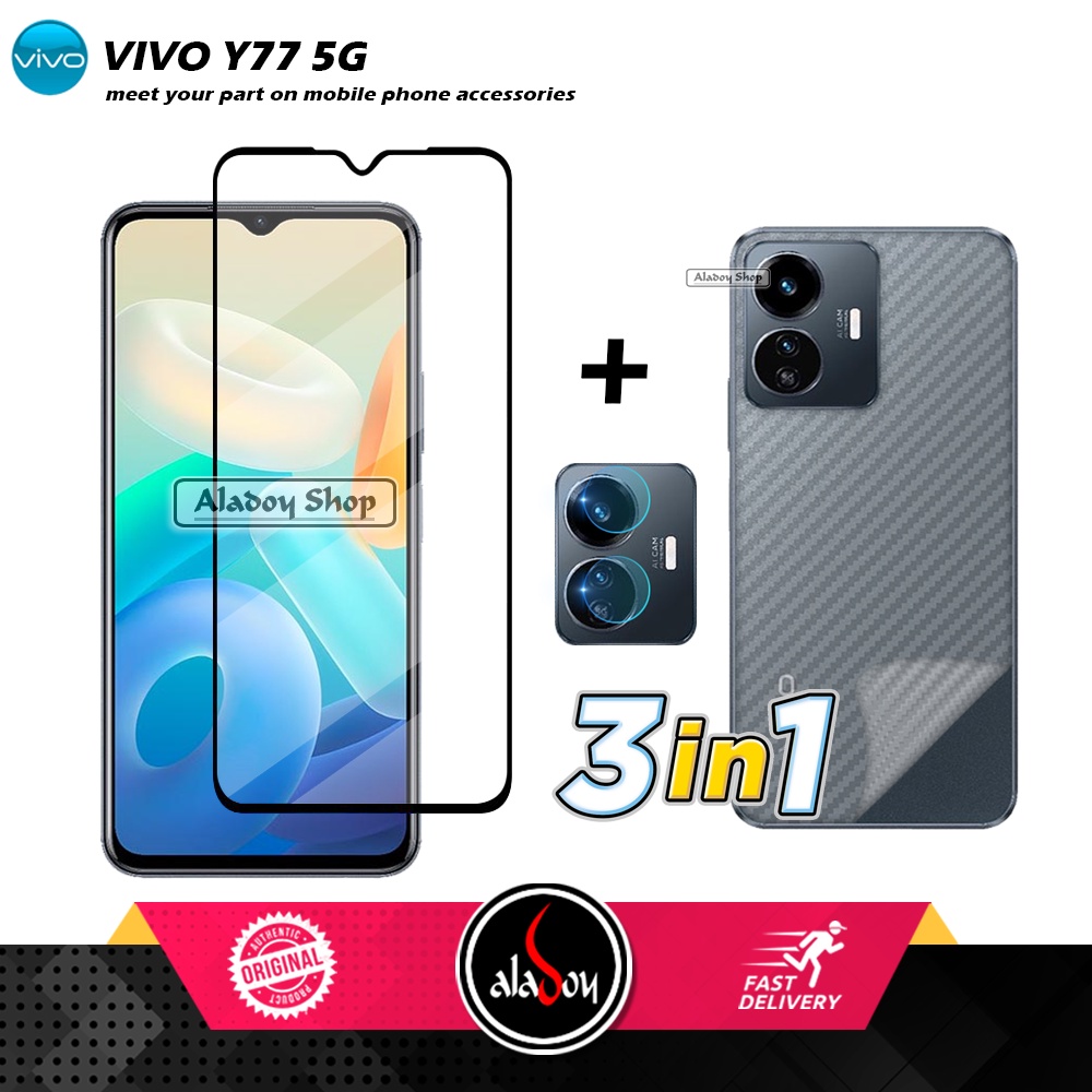 PAKET 3 IN 1 Tempered Glass Layar Vivo Y77 5G Free Tempered Glass Camera dan Skin Carbon