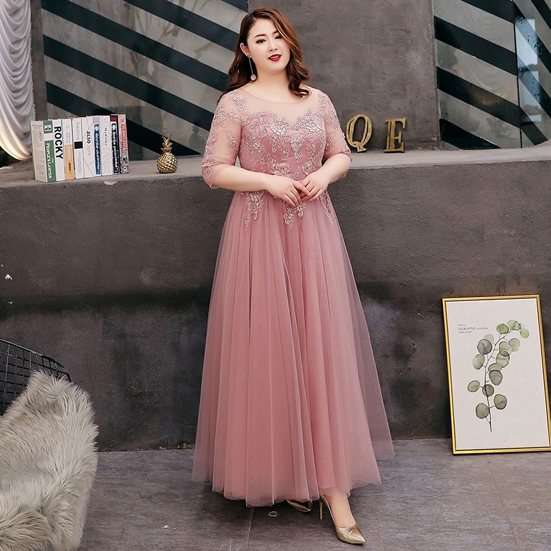 Gaun Pesta 2101001 Dusty Pink Lengan Siku Big Size Party Dress Gown