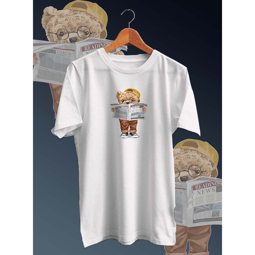 BAJU DISTRO-KAOS DISTRO COTTON COMBED PE 30S DEPAN /TSHIRT GAMBAR DIGITAL FULLPRINT BEAR READING/LENGAN PENDEK