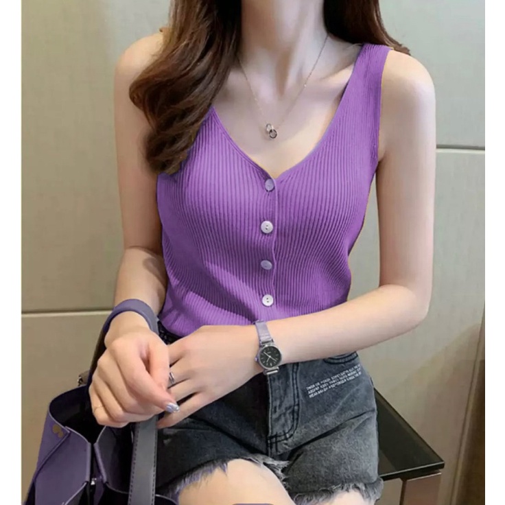 TANK TOP VNECK NAOMI ATASAN WANITA TANPA LENGAN RAJUT IMPORT