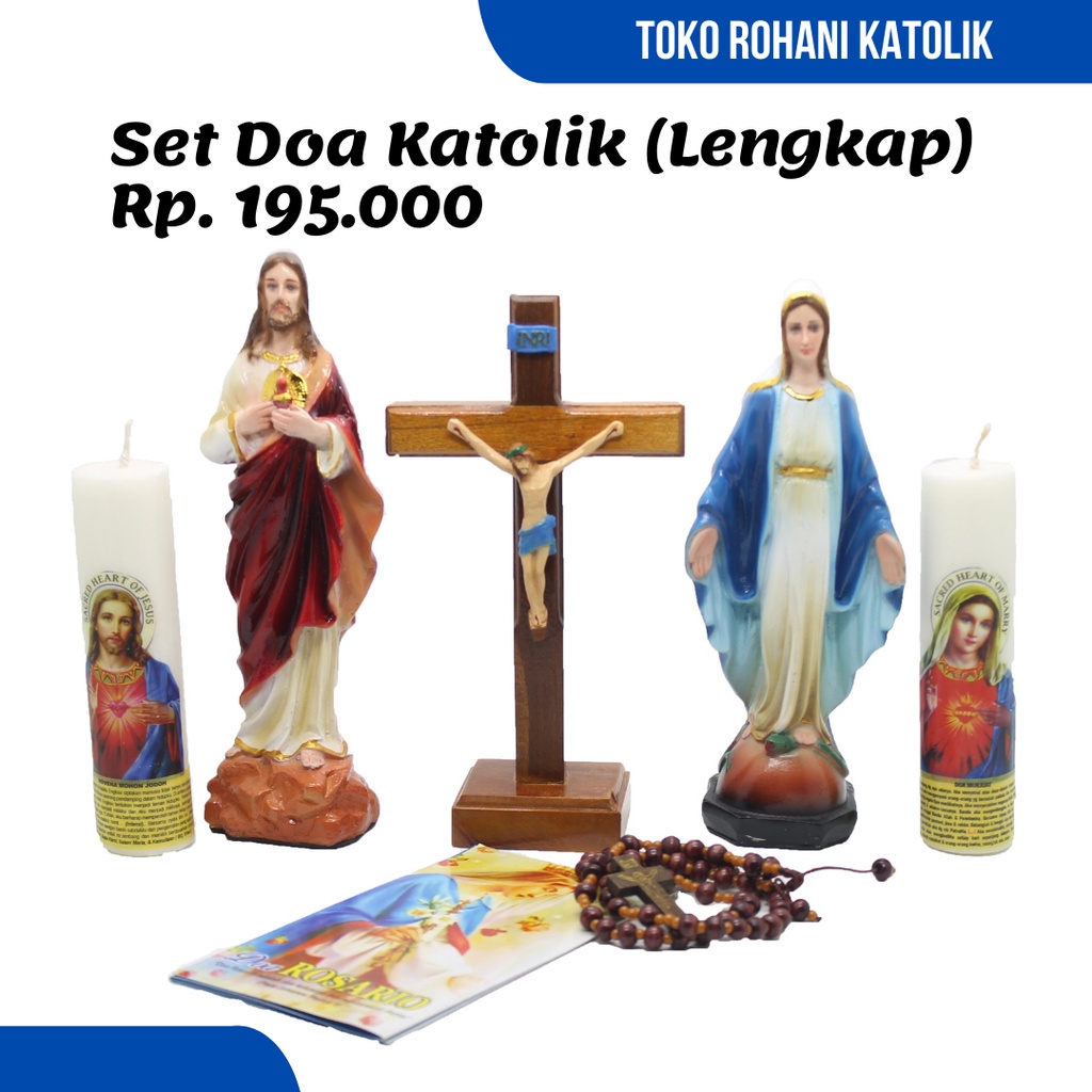 PAKET DOA KATOLIK LENGKAP (20CM) / SALIB DUDUK KATOLIK / PATUNG BUNDA MARIA YESUS / ROSARIO / SALIB MEJA