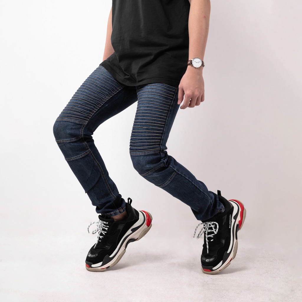 Celana Jeans Pria Bahan Stretch Denim - Biker Jeans - Dark Blue - (UJB-03)