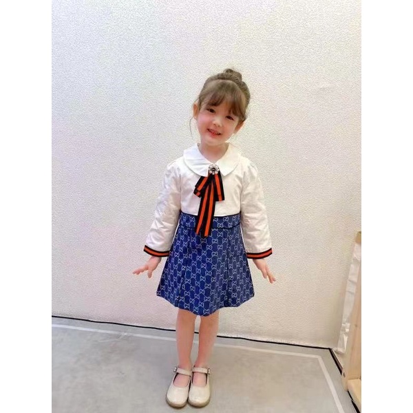 DRESS ANAK CEWEK PEREMPUAN PUTIH KERAH LENGAN PANJANG PITA MOTIF GUCCI  UMUR 2-7 TAHUN