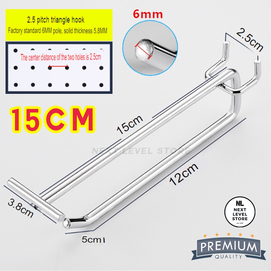 Triangle Hook Double Label 10 15 20 25 30 CM TEBAL 6mm Chrome Stainless Ram Lubang Pegboard