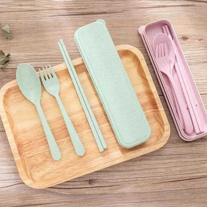 Sendok Set Jerami Wheat Alat Makan Travel Set Garpu Sumpit Gandum Portable