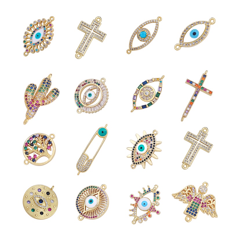 15Style Copper Evil Eye Cross Zircon Gold Plated Hollow Connector Charms For Bracelets Bohe Earrings Making DIY Jewelry Findings