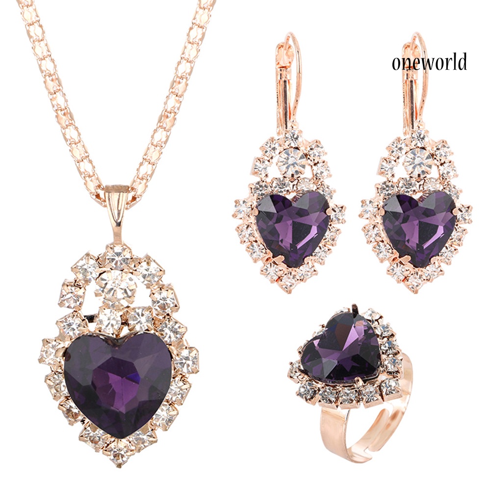 OW@ Wedding Heart Pendant Rhinestone Inlay Necklace Earrings Ring Bridal Jewelry Set