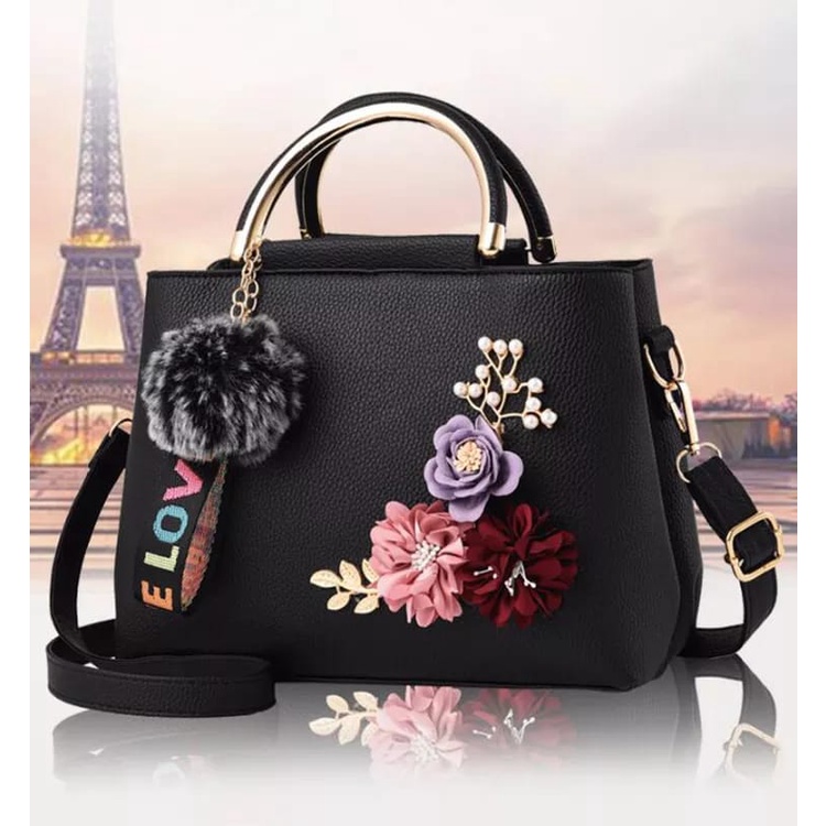 T8859 LT1161 Tas Tangan Handbag Wanita Fashion Tali Selempang Gantungan Pompom Tas Batam Motif Flowe