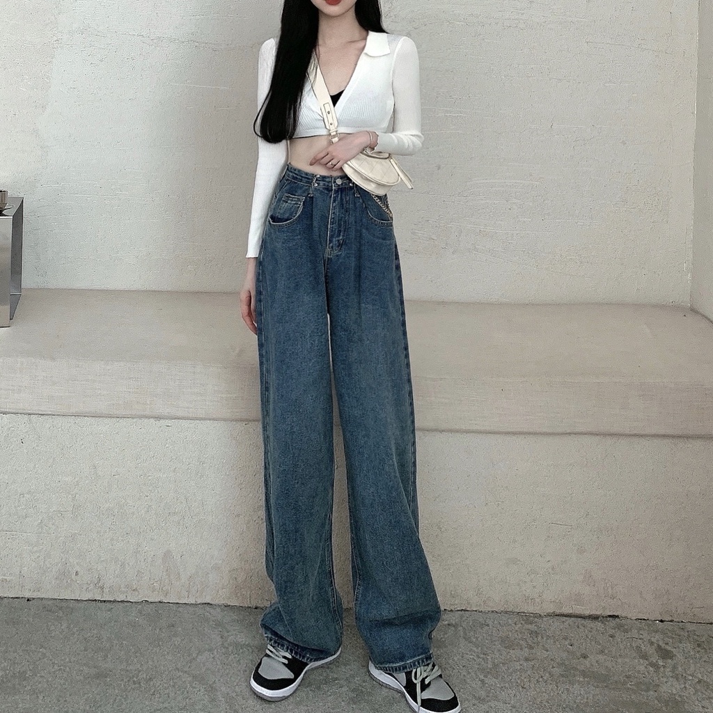 wide-leg jeans untuk wanita high-waist longgar lurus-kaki celana panjang