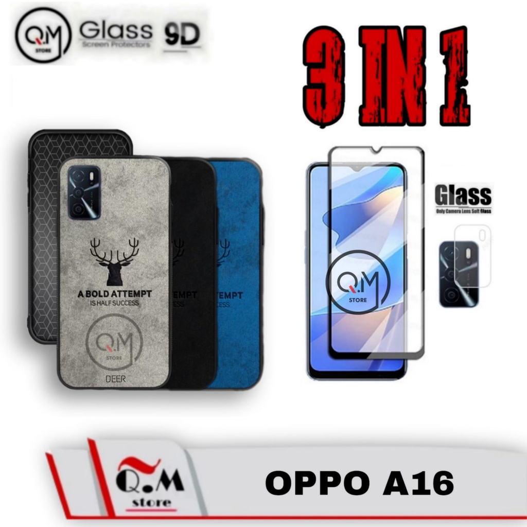 PAKET 3 IN1 CASE OPPO A16 Softcase Deer Pelindung Back Cover Free Tempered Glass Layar Plus Camera