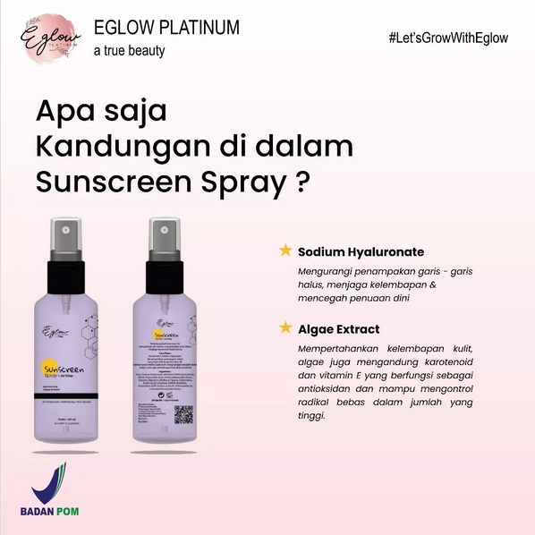 Eglow Platinum - Sunscreen Spray + Uv Filter Spf 45Pa+++ | Sunscreen Eglow Platinum Bpom