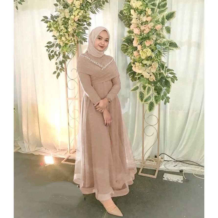 Gamis Maxi Pricilla / Gamis Terbaru / Dress Pesta Kondangan / Bahan Moscrepe Kombinasi Organza / Ukuran M, L, dan XL/ Seragam Bridesmaid Muslim