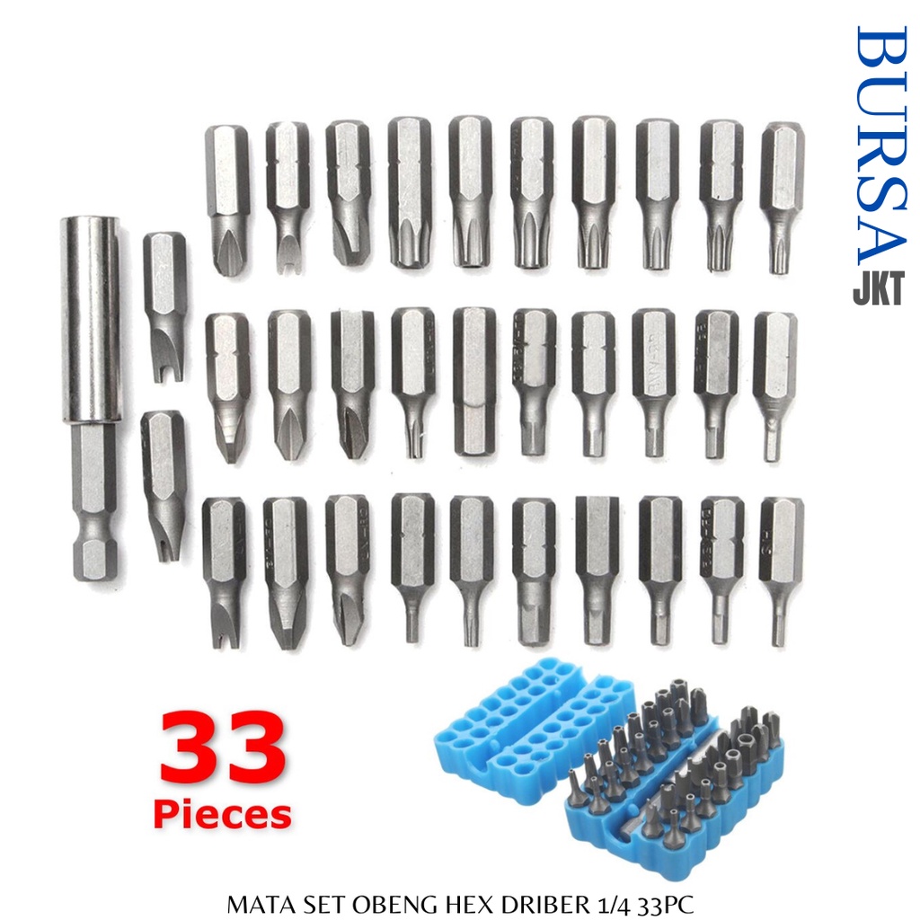 SET KEPALA MATA OBENG 1/4 + HOLDER BIRU  33 PC