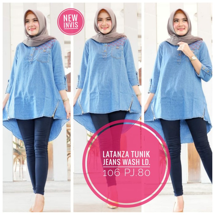 PROMO  BAJU ATASAN JEANS WANITA KULIAH  elina tunik jeans biru muda high quality