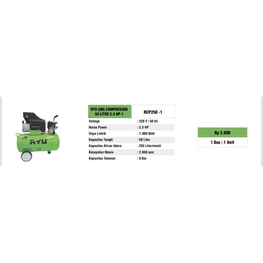 RYU Mesin kompresor 2,5 HP RCP 250-1 / Mesin Compressor 50 liter