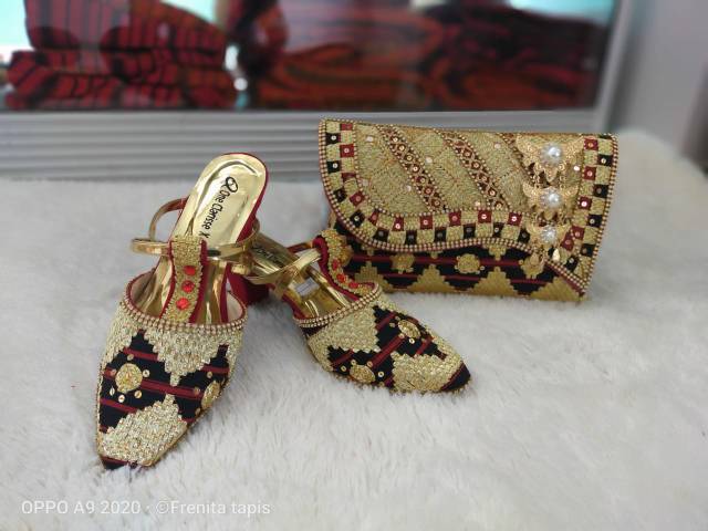 [BISA COD] Sepasang Clutch Tapis Size S M L + Selop Heels Tapis