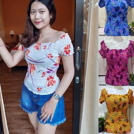 [KODE SQRDB] Atasan Sabrina Kerut Motif Bunga