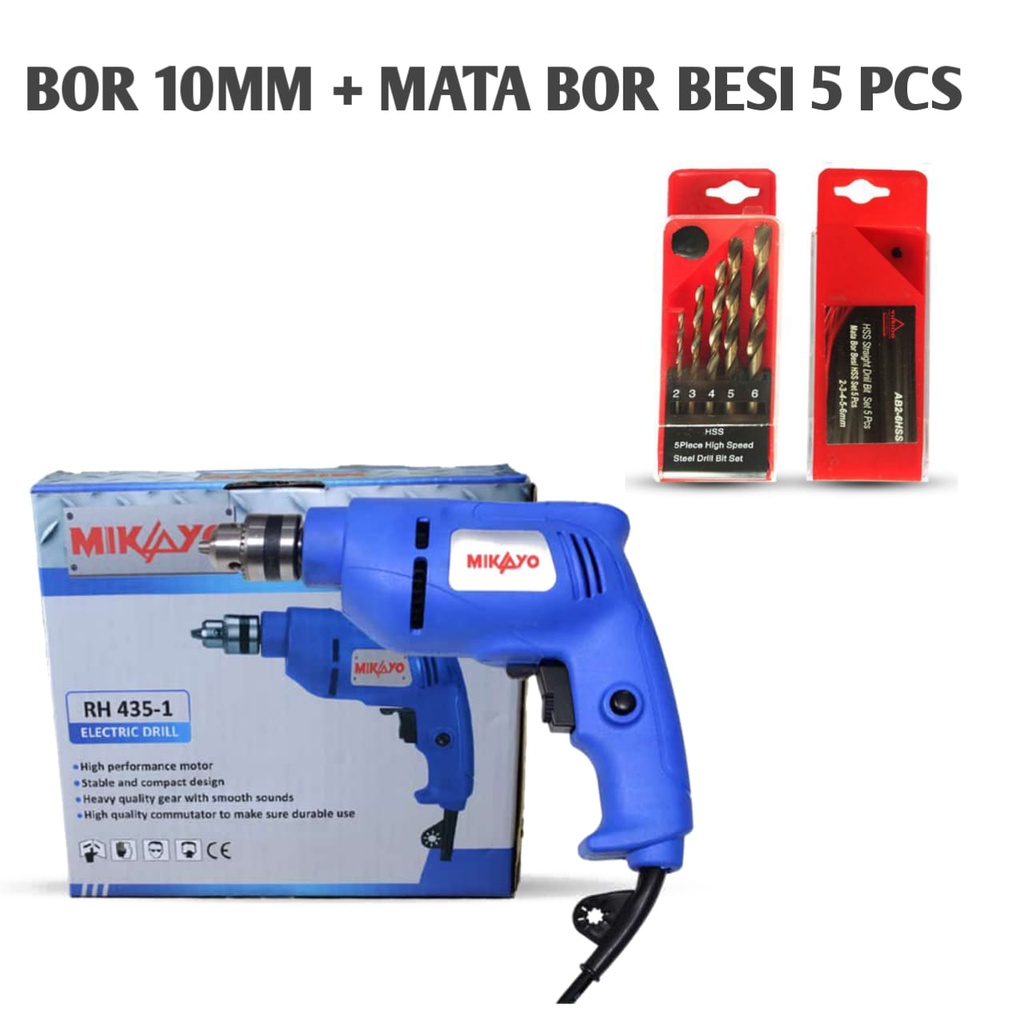 PAKET MESIN Bor Tangan Listrik Electric Drill 10mm Bolak-Balik bonus mata bor besin hss 2 3 4 5 6 mm