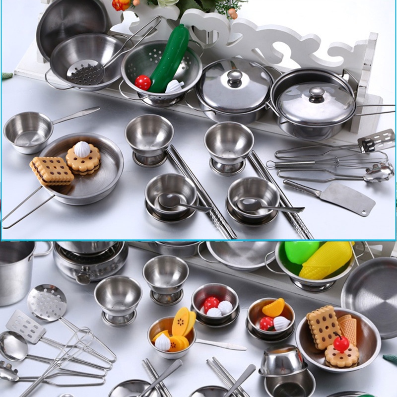 Mary 25Pcs Stainless Steel Mainan Dapur Rumah Anak Anak Berpura-Pura Bermain Peralatan Masak Memasak Playset