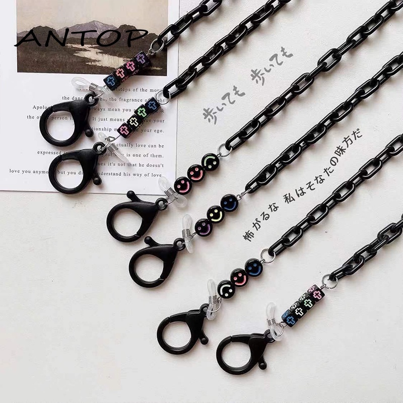 Hitam Smiley Face Mask Lanyard Acrylic Chain Lanyard Anti-Lost Face Mask Kalung Kacamata Rantai Aksesoris ANTOP