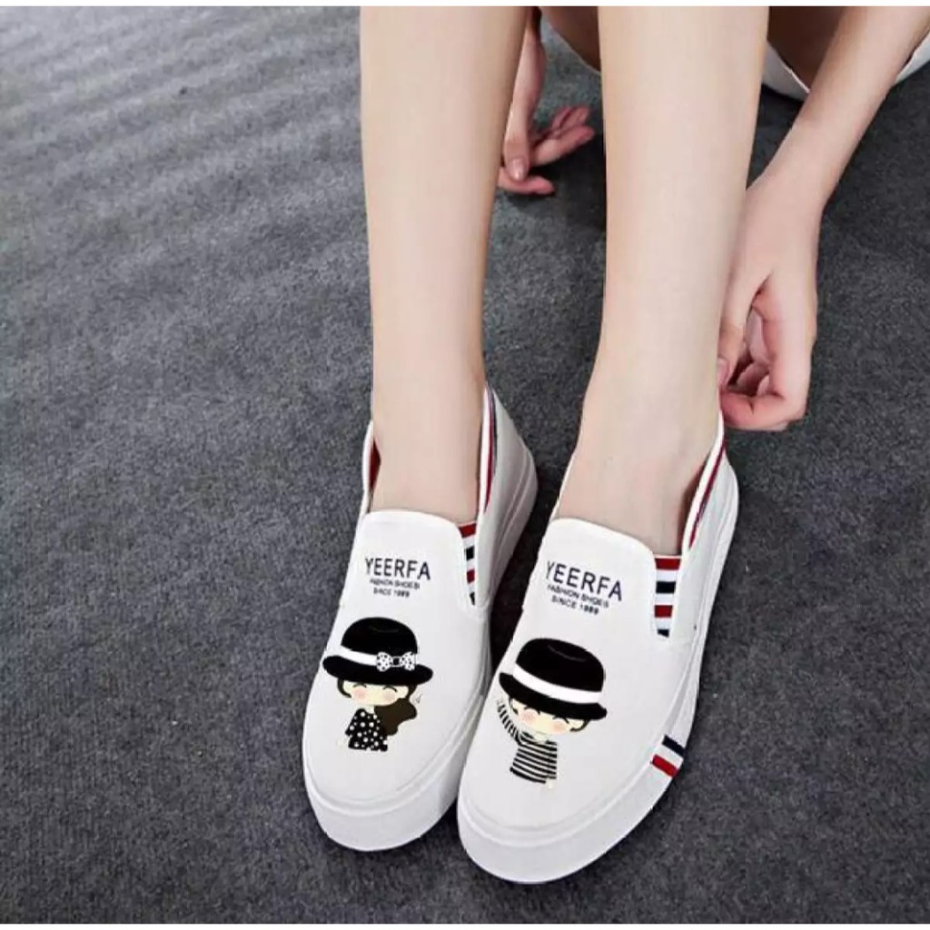 HD-SEPATU WANITA SLIP ON KAWAI PRINTING MURAH - ABU DAN PUTIH