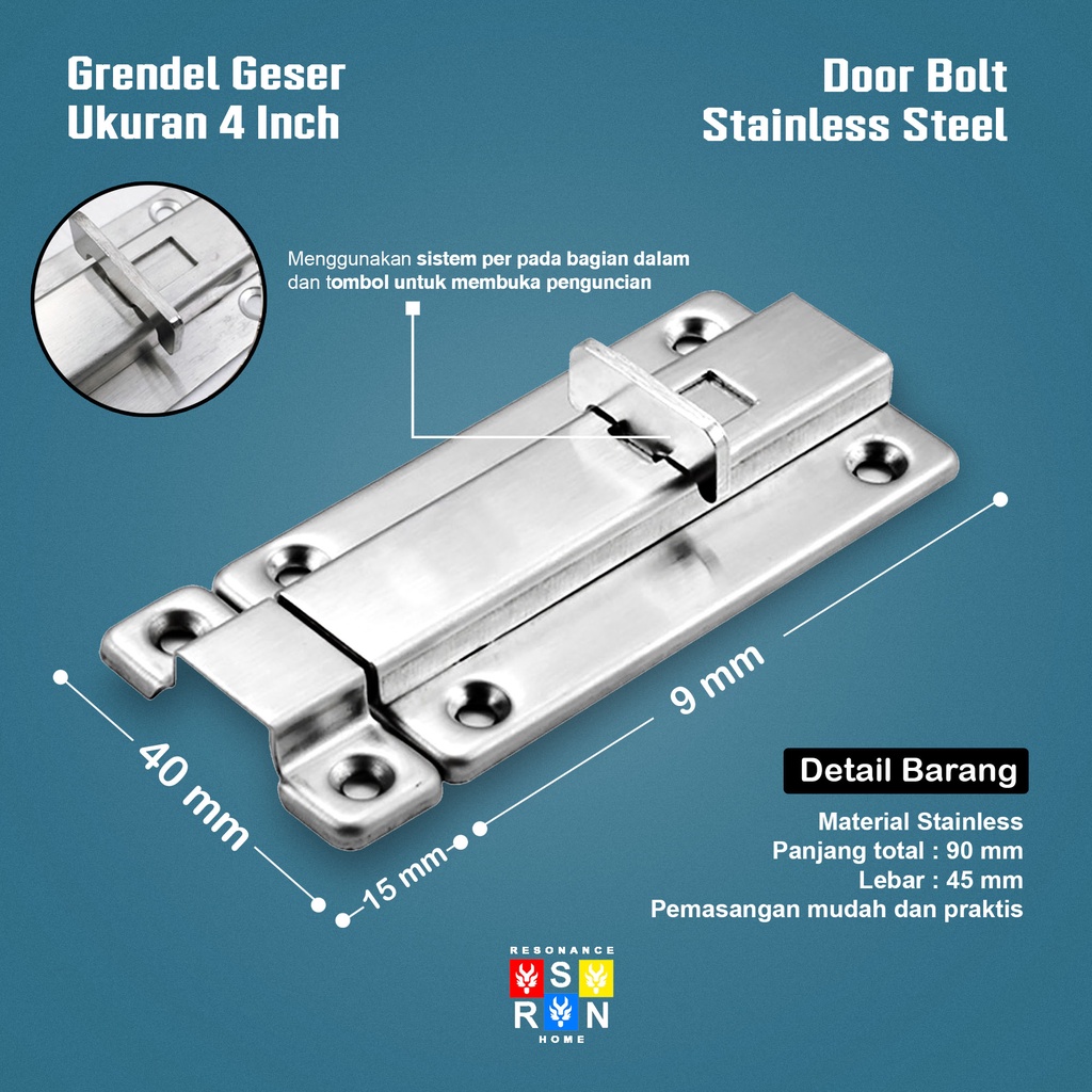 Grendel Geser Tebal 4 Inch / Slot Kunci Pintu Resonance Home