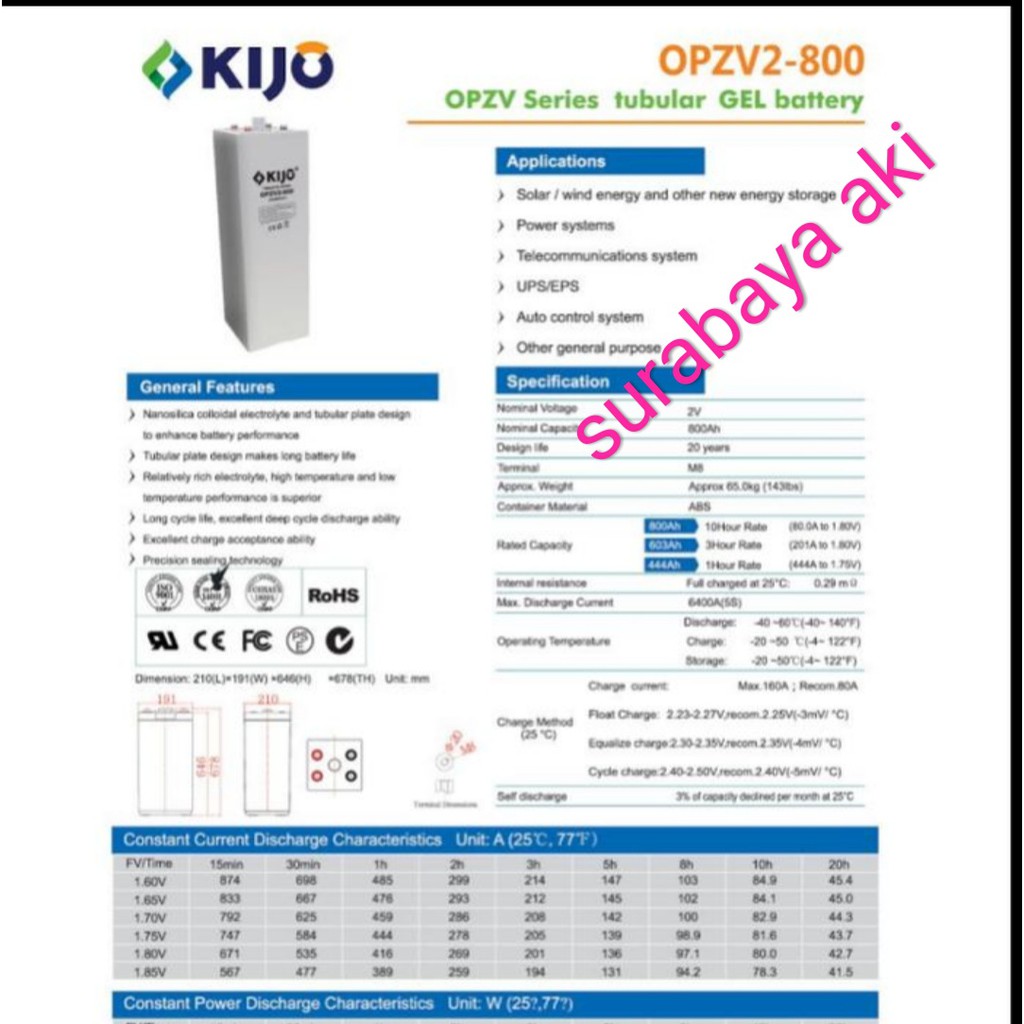 KIJO OPZV BATTERY GEL 800AH 2V 2VOLT