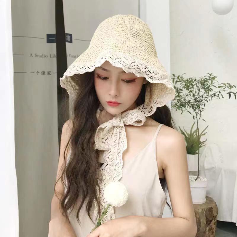 Topi Pantai Model Nelayan Bahan Jerami Aksen Renda Gaya Korea Untuk Wanita