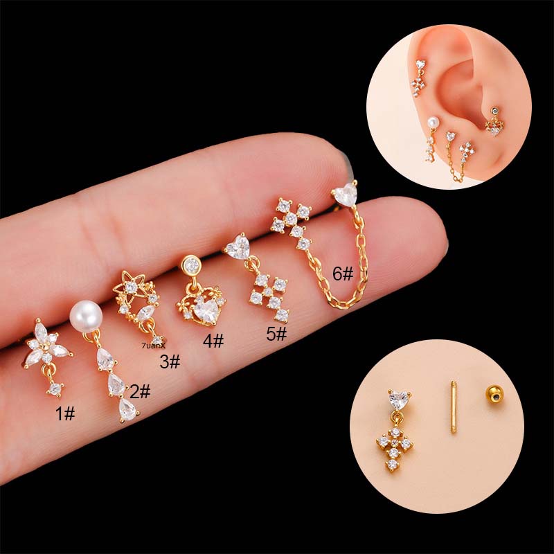 1 Pc Anting Stud Desain Rantai Silang Menjuntai Bahan Stainless Steel Warna Emas Perak