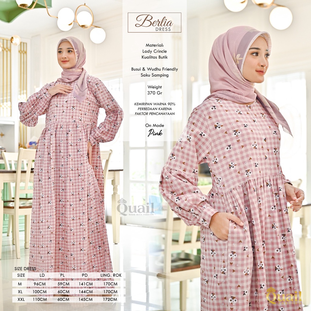 BERLIA DRESS Gamis Lady Crincle Busui & Wudhu Friendly by Quail Hijab Ori Murah