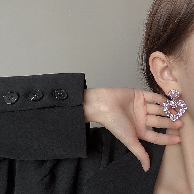 Anting Bentuk Hati Aksen Kristal Warna Ungu