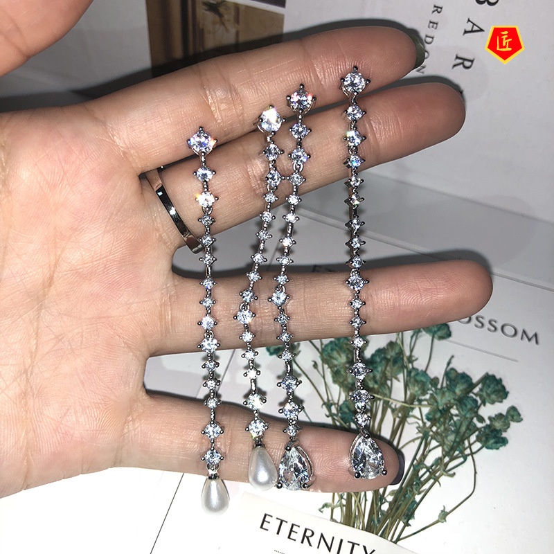 [Ready Stock]Long S925 Silver Diamond Pearl Earrings