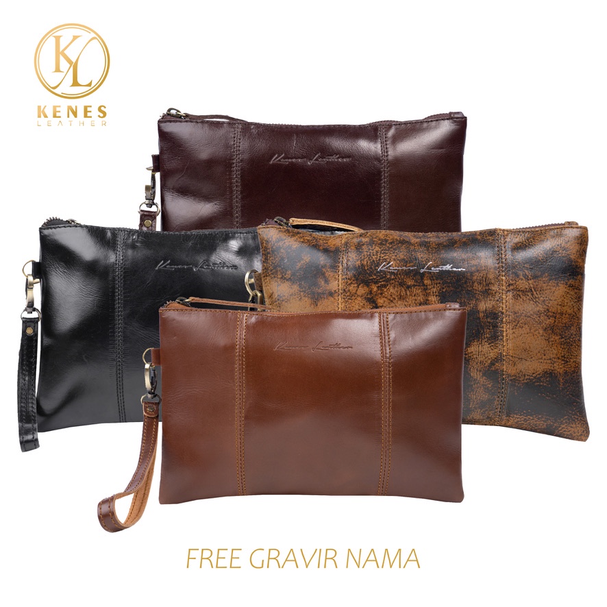 Kenes Leather Clutch Tas Tangan Unisex Kulit Asli IDOLA Pullup - Free Gravir Nama