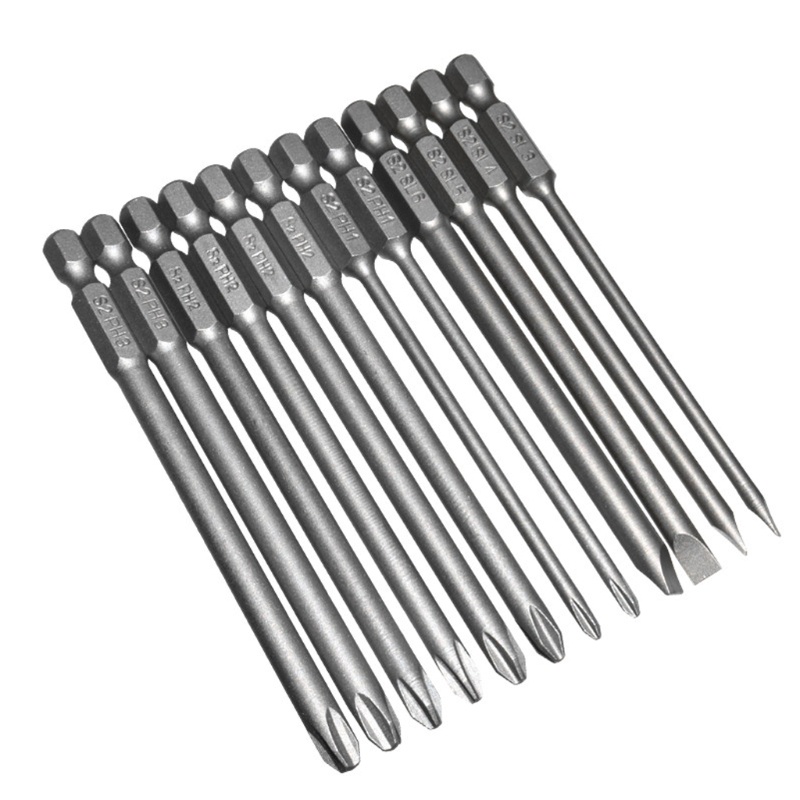 Mary 12pcs / set Mata Bor Obeng Magnetik S2 Slotted Phillips Bahan Alloy Steel 100mm