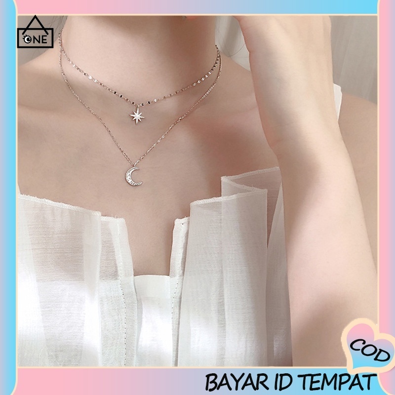 COD❤️Kalung Oktagonal Star Moon Double Layer Kalung Wanita Cahaya Mewah Rantai Klavikula Tumpang Tindih