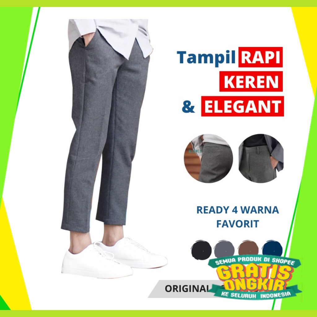 Hitam BIru Krem Choco Khaki Coklat Standar Reguler Slim / Celana Ankle Pants Pria Slim Fit Panjang S