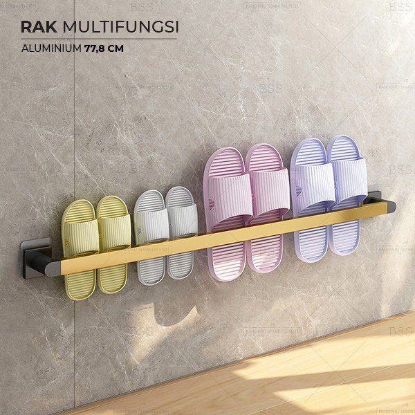 Rak Handuk Multifungsi 78cm Aluminium Plastik Gantungan Sandal Silver Gold Black