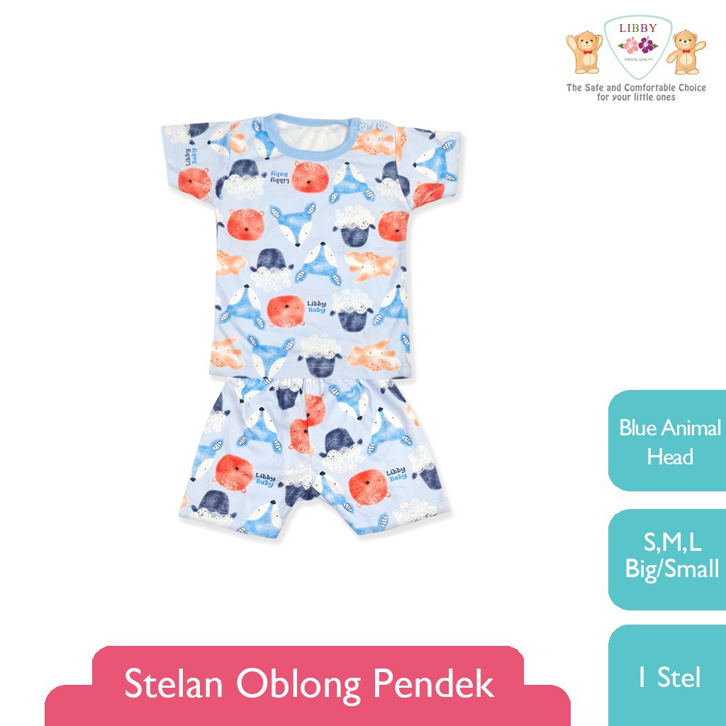 Libby Setelan Oblong Baju Pendek Kancing Bahu dan Celana Pendek - Baju Setelan Bayi Libby (M,L)