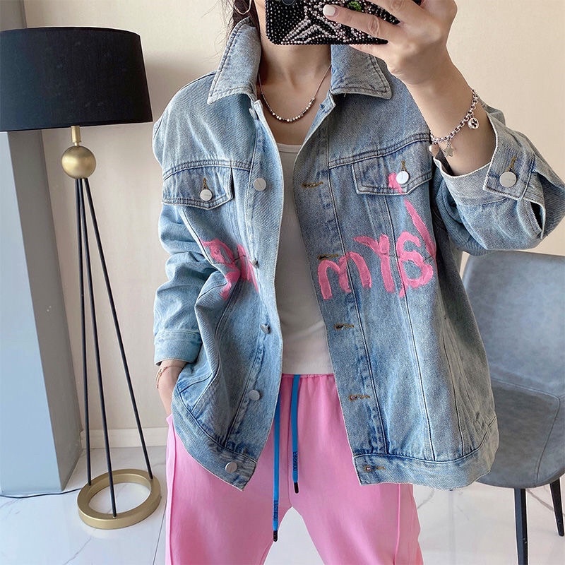 Nico## - Jaket Jeans Oversize Import Printed Denim Gaya Sporty Amerika Musim Gugur Korean Style/jaket jeans wanita