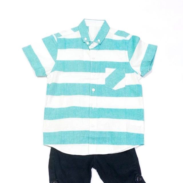 Kemeja lengan pendek anak laki laki garis garis hijau tosca
