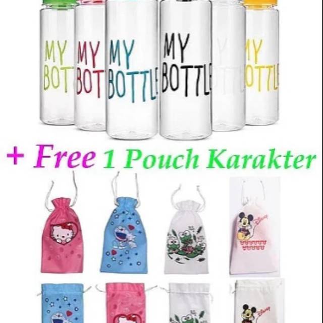My bottle bonus 1 pouch karakter tas botol motif hello kitty doraemon