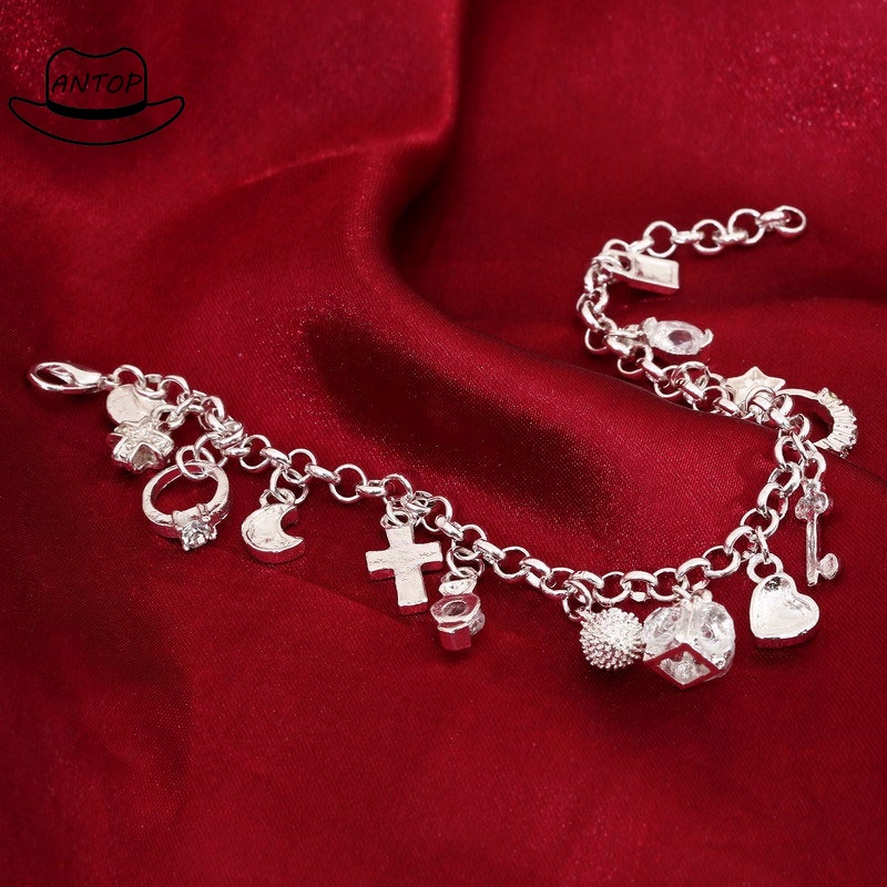 Fashion Rumbai Gelang Perak Pesona Multilayer Jantung Bunga Manset Gelang Wanita Perhiasan Aksesoris Hadiah ANTOP