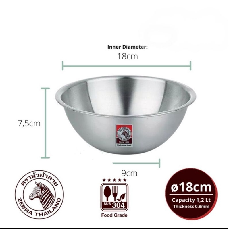 Mixing Bowl ZEBRA 18 Cm 135018 - Mangkok Stainless Steel