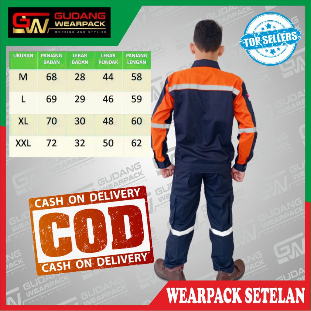 Star Wearpack - Seragam Kerja Proyek Setelan Baju &amp; Celana Atasan Warna  Dongker Kombinasi Oren Lengan Panjang