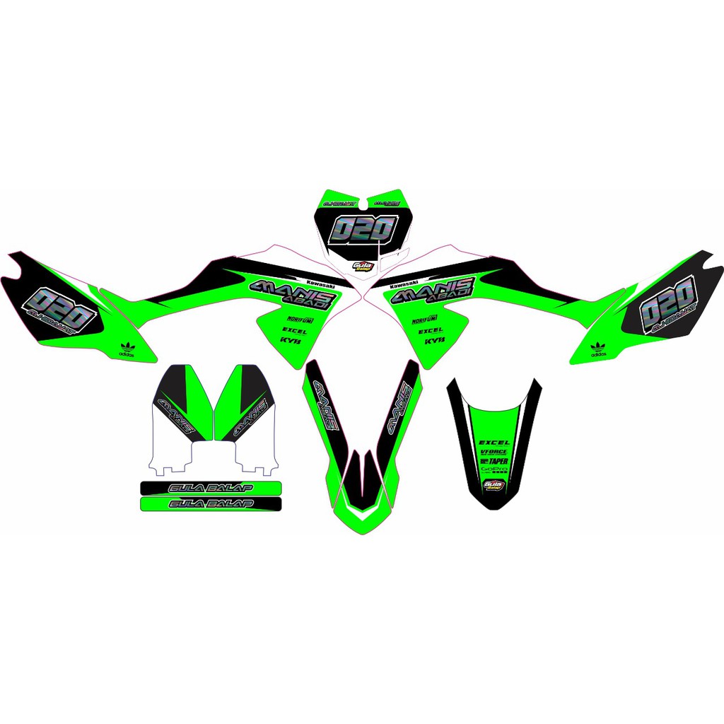 sticker decal KLX BF desain simpel warna hijau hitam dengan kombinasi warna pelangi bisa custom nama