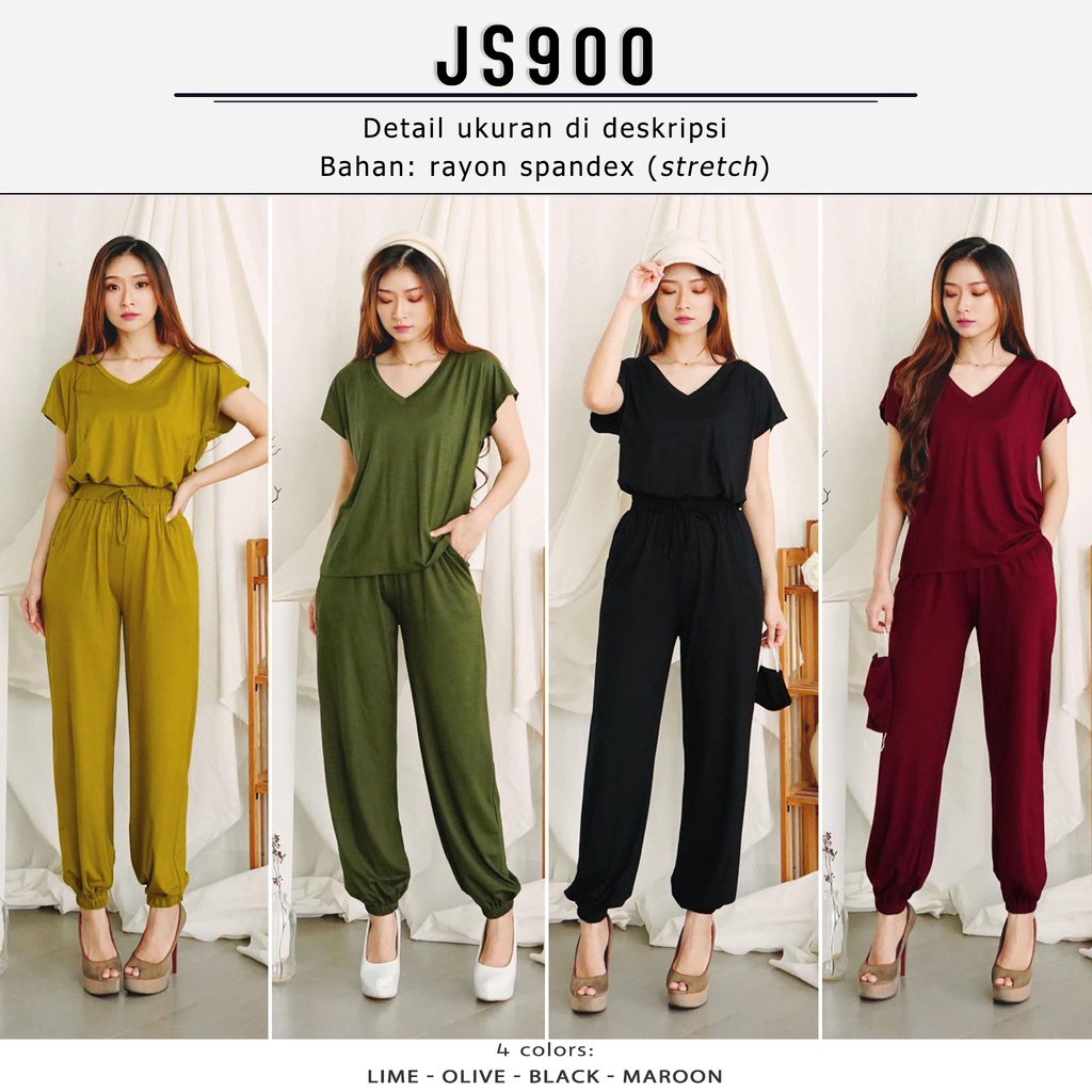 JS900 Ellen V-neck Set (Top+Pants+Mask) | Setelan Wanita Stretch