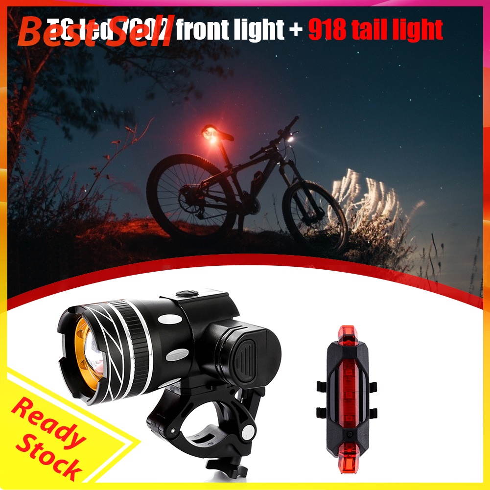 T6 LED USB Rechargeable Zoomable Bike LED 7602 Taillight 918 Headlight Set