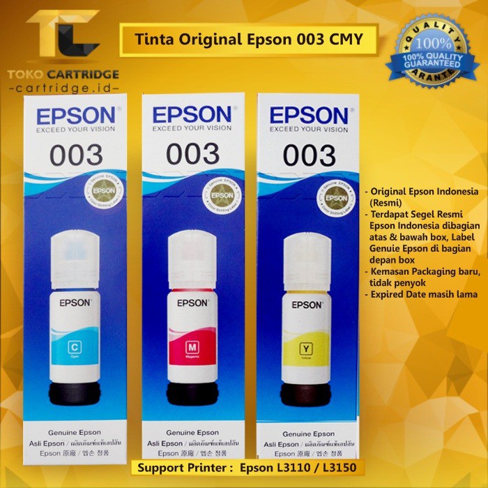 Tinta Epson EcoTank 003 Original Cyan Magenta Yellow Black Refil Ink Printer L1110 L3110 L3150 L5190-1