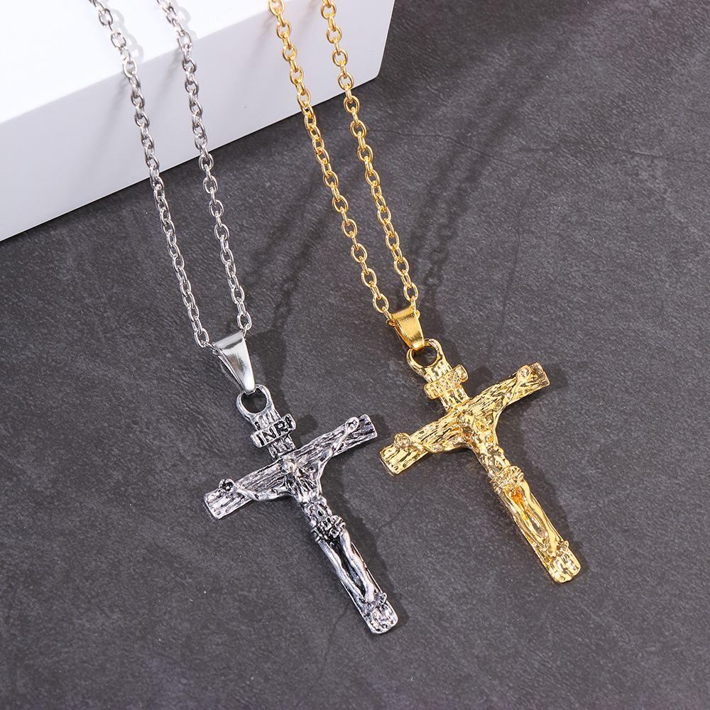 Kalung Rantai Liontin Salib Yesus Ala Rock / Gothic / Vintage Warna Silver Untuk Wanita