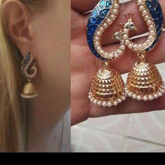 anting panjang india lonceng merak biru emas blink import kesan mewah